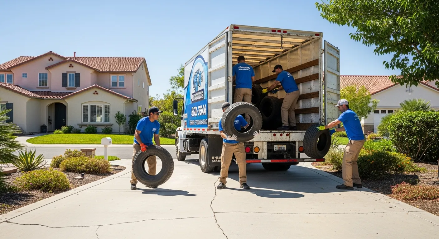 Professional junk removal crew loading old tires into a truck in Orange County