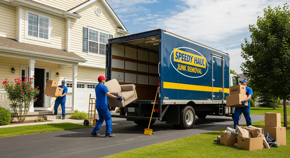 Junk removal crew loading old furniture from a house on moving day in Orange County