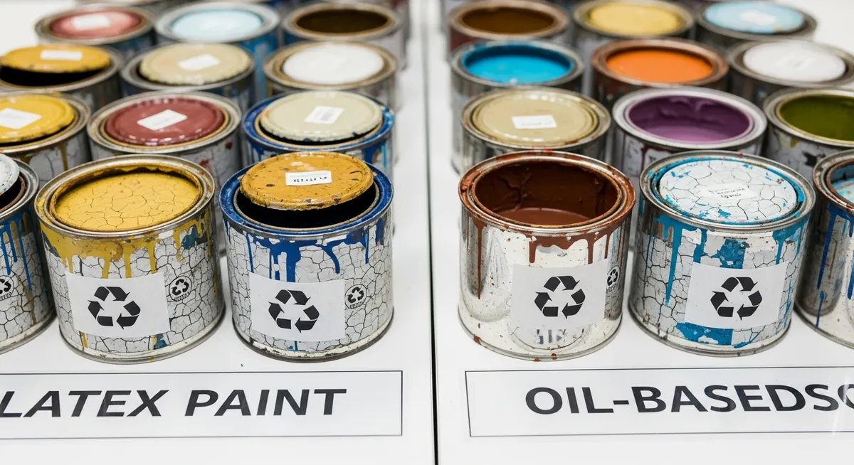 Different types of paint cans sorted by category for proper recycling and disposal in Orange County