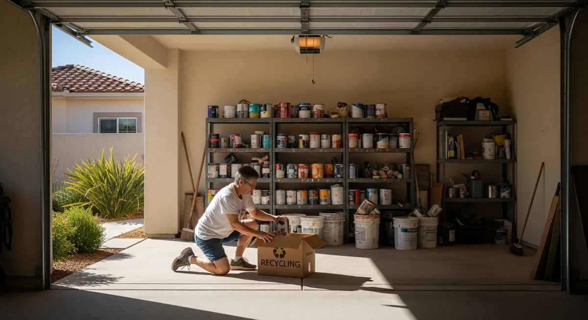 Homeowner sorting old paint cans in a garage for proper disposal in Orange County