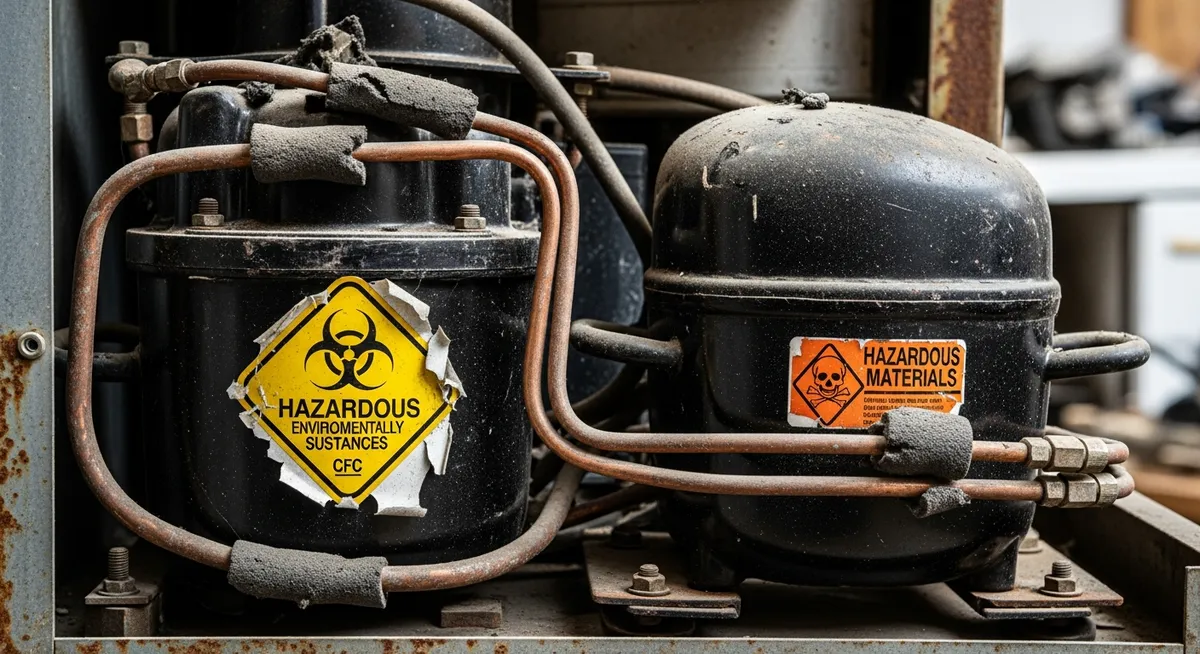 Back of an old refrigerator showing refrigerant lines requiring special disposal in California