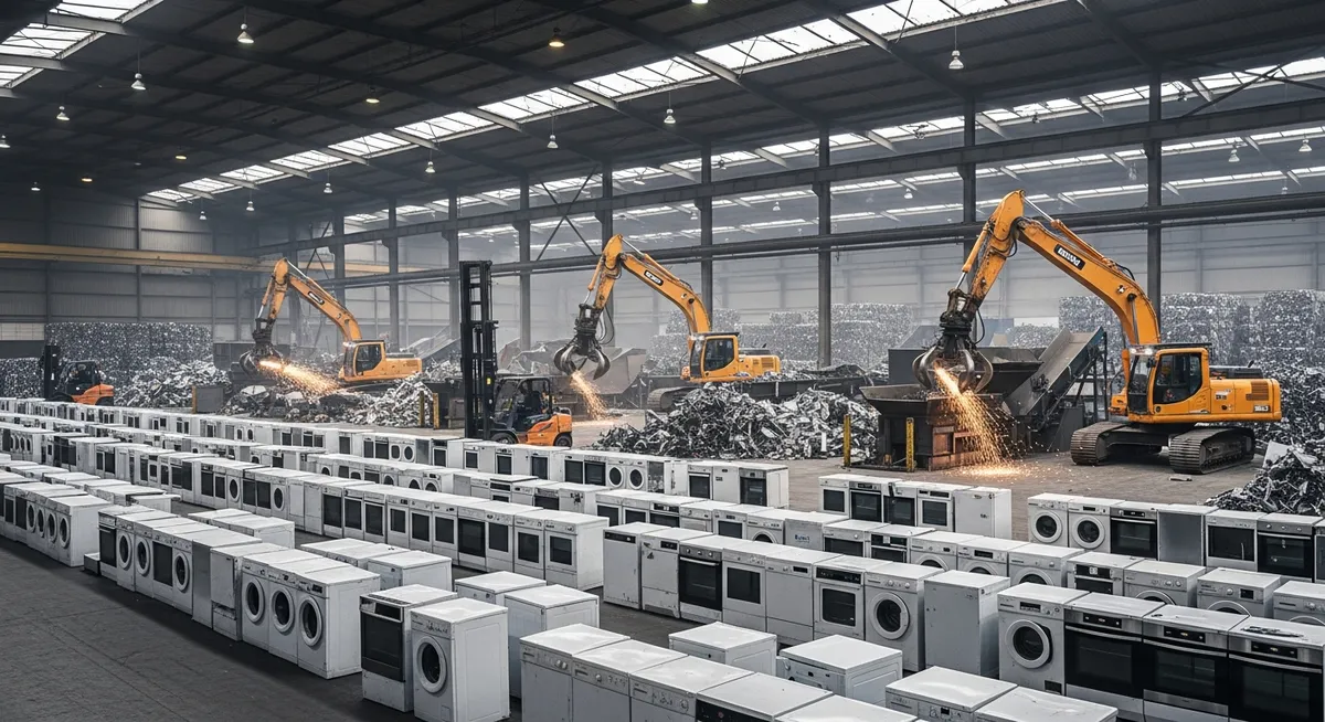 Old refrigerators and appliances at a recycling facility being processed for metal recovery