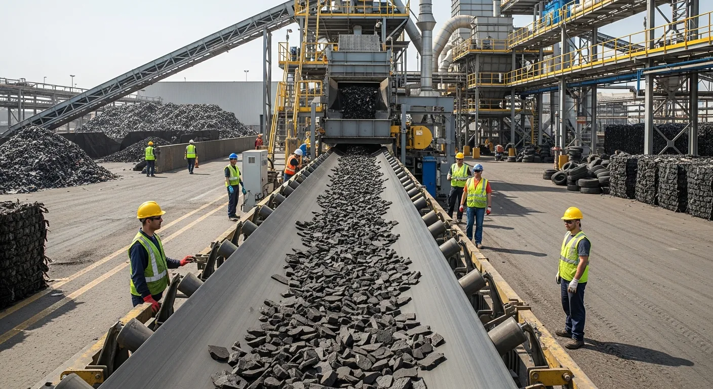 Tire recycling facility processing shredded rubber in Orange County